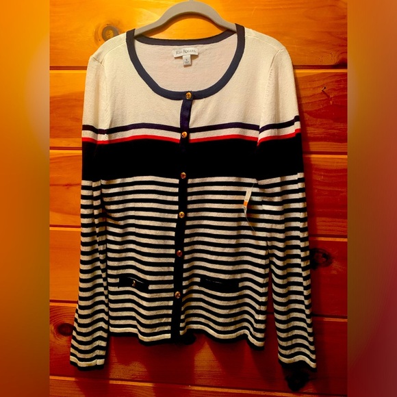 Women’s Kim Roger’s Casual Sweater W/ Gold Buttons. Red, Navy, White Stripes Sm - Picture 1 of 10
